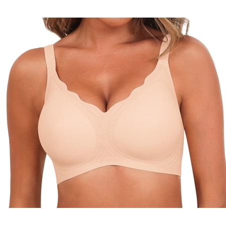 Qylux Women's Wireless Seamless Bra - Scalloped Edge Push Up, Soft Full Coverage, No Underwire Floral Bralette, Everyday Comfort T-Shirt Bra,L,Nude