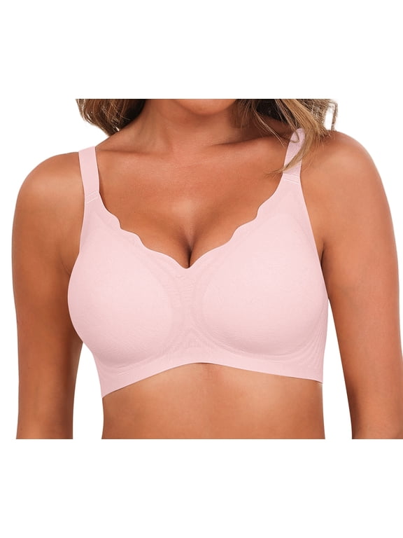 Women's Wireless Seamless Bra - Scalloped Edge Push Up, Soft Full Coverage, No Underwire Floral Bralette, Everyday Comfort T-Shirt Bra,L,Pink