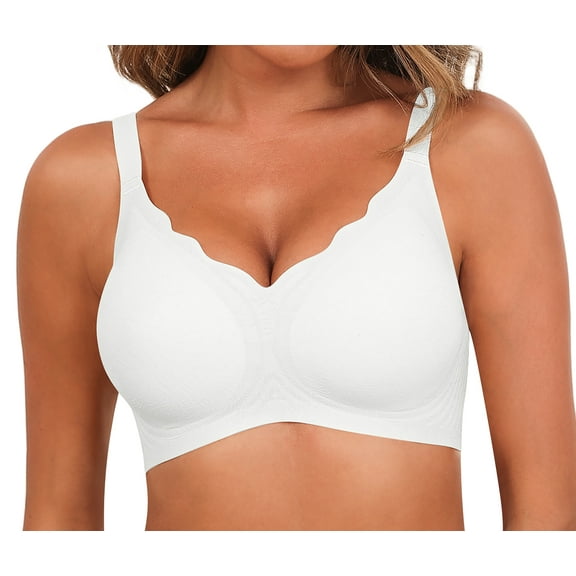 Qylux Women's Wireless Seamless Bra - Scalloped Edge Push Up, Soft Full Coverage, No Underwire Floral Bralette, Everyday Comfort T-Shirt Bra,S,White
