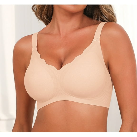 Qylux Women's Wireless Bras - Floral Scalloped Edge Push Up Bralette, Ultra Soft Full Coverage Comfort Bra, Seamless Everyday T-Shirt Bra,Nude,(S-3XL)