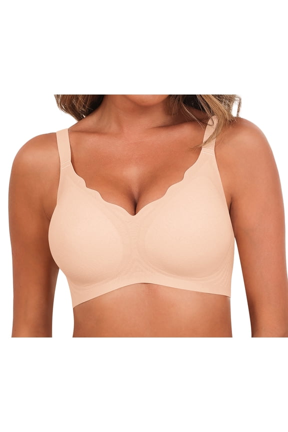 Women's Wireless Seamless Bra - Scalloped Edge Push Up, Soft Full Coverage, No Underwire Floral Bralette, Everyday Comfort T-Shirt Bra,Nude,(S-3XL)