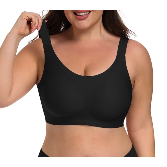 Qylux Women's Plus Size Wireless Seamless Full Coverage Everyday T-Shirt Bra Soft Padded Bralette,Black,M