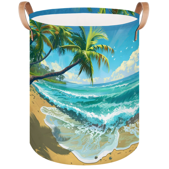 Qzaxky Beach Palm Tree Nautical Laundry Basket Organizer Foldable Tall Large Laundry Basket Collapsible Folding Laundry Basket Dirty Clothes Fabric