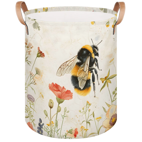 Qzaxky Bee Summer Floral Laundry Basket Organizer Foldable Tall Large Laundry Basket Collapsible Folding Laundry Basket Dirty Clothes Fabric