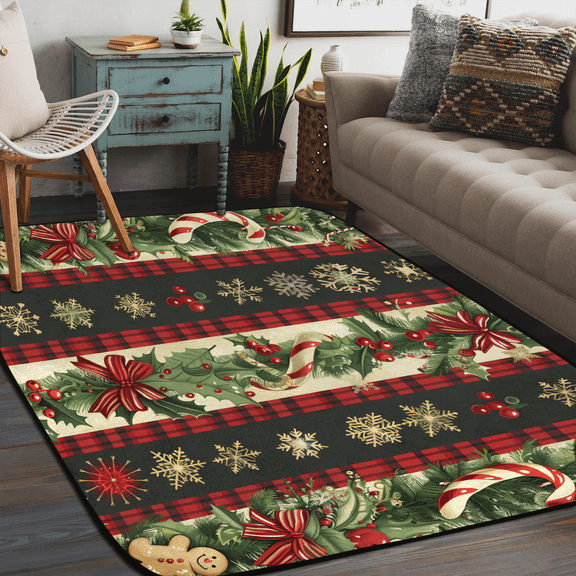 Qzaxky Christmas Rug Area Carpet Anti Slip Washable Door Mat Decorative Rugs for Living Room Bedroom Office etc Christmas Holly Ribbon 48x72in
