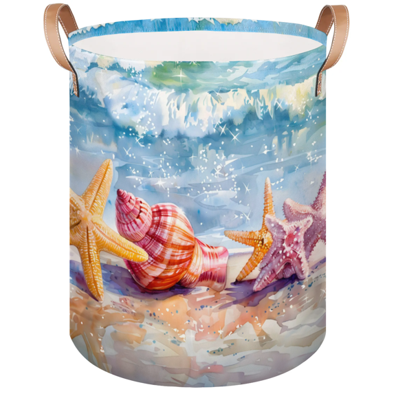 Qzaxky Coastal Nautical Seashell Laundry Basket Organizer Foldable Tall Large Laundry Basket Collapsible Folding Laundry Basket Dirty Clothes Fabric