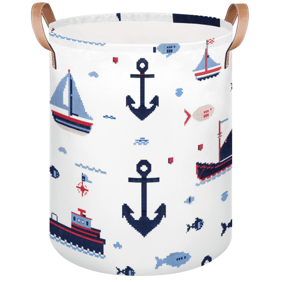 Qzaxky Nautical Ship Anchor Sail Boat Ocean Theme Laundry Basket Organizer Foldable Tall Large Laundry Basket Collapsible Folding Laundry Basket Dirty Clothes Fabric