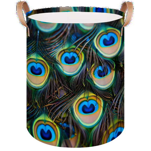 Qzaxky Peacock Blue Feather Laundry Basket Organizer Foldable Tall Large Laundry Basket Collapsible Folding Laundry Basket Dirty Clothes Fabric