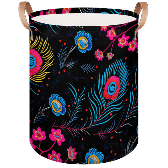 Qzaxky Peacock Feathers Flower Laundry Basket Organizer Foldable Tall Large Laundry Basket Collapsible Folding Laundry Basket Dirty Clothes Fabric