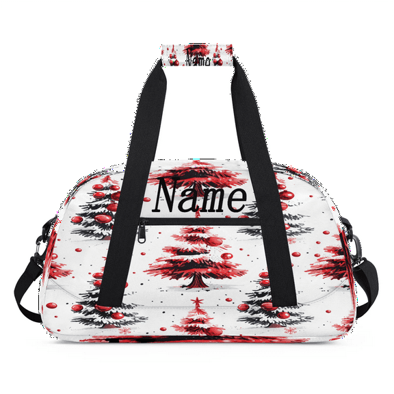 Qzaxky Personalized Christmas Bag Gym Bag Custom Duffle Bag Christmas Bag with Name Overnight Bag Christmas Green Red Holly Trees