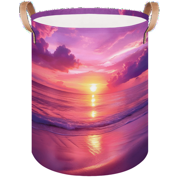 Qzaxky Purple Hawaiian Beach Sunset Laundry Basket Organizer Foldable Tall Large Laundry Basket Collapsible Folding Laundry Basket Dirty Clothes Fabric