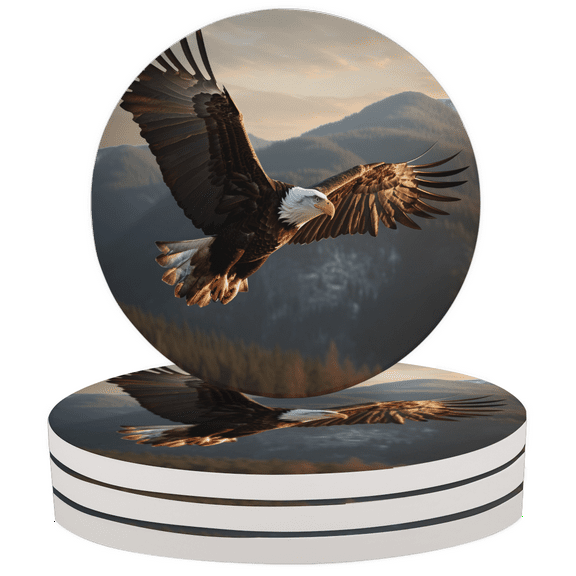 Qzaxky Round Coasters Set of 2, Soaring Eagle Absorbent Ceramic Coaster with Cork Base, Bar Coasters for Drinks Coffee Mugs Tea Cups Wine Glasses Home Decor Gifts (4 inches)