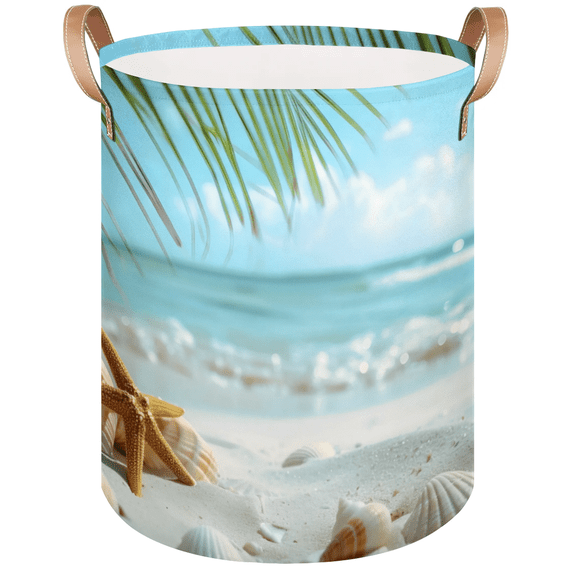 Qzaxky Sea Shells Coastal Nautical Beach Laundry Basket Organizer Foldable Tall Large Laundry Basket Collapsible Folding Laundry Basket Dirty Clothes Fabric