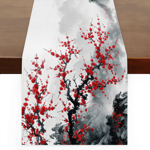 Qzaxky Table Runner Boho Table Runner Cherry Blossom Flowers Rustic Floral Spring Bohemian Boho Outdoor Table Runner Decoration for Indoor Outdoor Home Dinner Party Wedding Decor 13 x 90 Inch