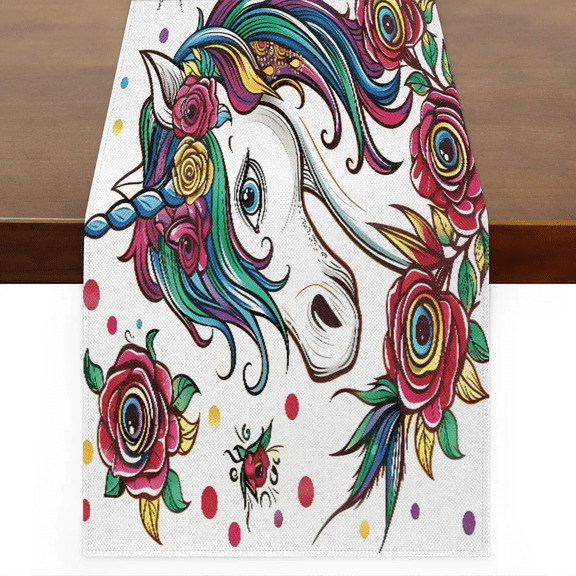 Qzaxky Table Runner Boho Table Runner Floral Unicorns Bohemian Boho Outdoor Table Runner Decoration for Indoor Outdoor Home Dinner Party Wedding Decor 13 x 36 Inch
