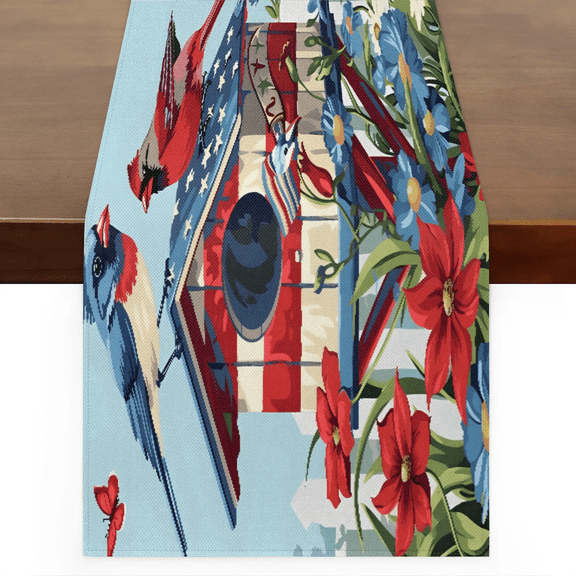 Qzaxky Table Runner Boho Table Runner Patriotic Floral Cardinals Bird Bohemian Boho Outdoor Table Runner Decoration for Indoor Outdoor Home Dinner Party Wedding Decor 13 x 36 Inch