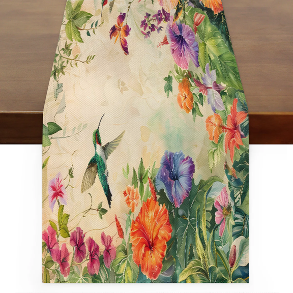 Qzaxky Table Runner Boho Table Runner Flower Bird Spring Plant Hummingbird Bohemian Boho Outdoor Table Runner Decoration for Indoor Outdoor Home Dinner Party Wedding Decor 13 x 120 Inch