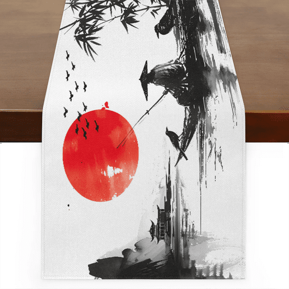 Qzaxky Table Runner Boho Table Runner Japanese Chinese Oriental Sun Mountains Bohemian Boho Outdoor Table Runner Decoration for Indoor Outdoor Home Dinner Party Wedding Decor 13 x 36 Inch