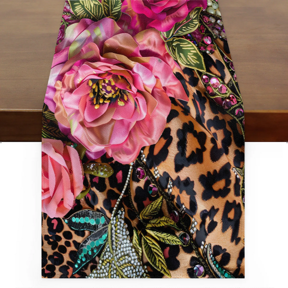 Qzaxky Table Runner Boho Table Runner Rose Flower Leopard Print Bohemian Boho Outdoor Table Runner Decoration for Indoor Outdoor Home Dinner Party Wedding Decor 13 x 36 Inch