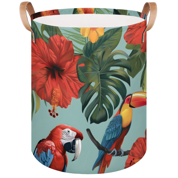 Qzaxky Tropical Birds Toucan Parrot Palm Leaves Laundry Basket Organizer Foldable Tall Large Laundry Basket Collapsible Folding Laundry Basket Dirty Clothes Fabric