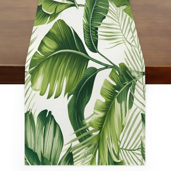 Qzaxky table runner Green Palm Leaves 13 x 36 Inch, Spring Summer Table Runner Green Floral Table Runner Decoration for Indoor Outdoor Home Dinner Party Wedding Decor