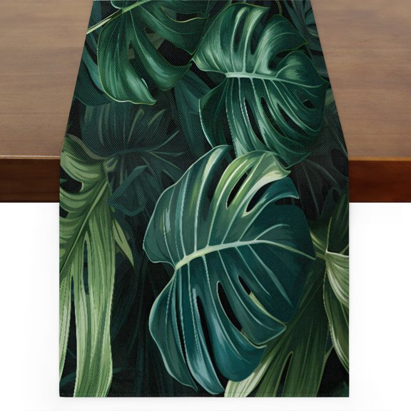 Qzaxky table runner Palm Green Leaves 13 x 48 Inch, Spring Summer Table Runner Green Floral Table Runner Decoration for Indoor Outdoor Home Dinner Party Wedding Decor
