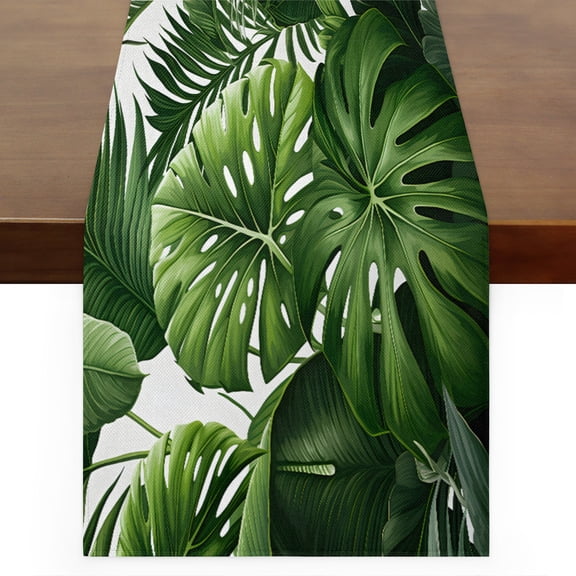 Qzaxky table runner Palm Leaves 13 x 36 Inch, Spring Summer Table Runner Green Floral Table Runner Decoration for Indoor Outdoor Home Dinner Party Wedding Decor