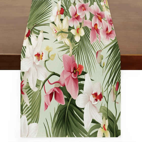 Qzaxky table runner Tropical Palm Tree Leaf Flower 13 x 36 Inch, Spring Summer Table Runner Green Floral Table Runner Decoration for Indoor Outdoor Home Dinner Party Wedding Decor