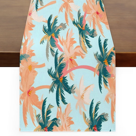 Qzaxky table runner Tropical Palm Trees Print 13 x 36 Inch, Spring Summer Table Runner Green Floral Table Runner Decoration for Indoor Outdoor Home Dinner Party Wedding Decor