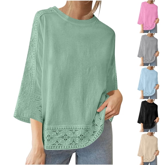 Qzwdhjm 3/4 Length Sleeve Womens Tops Crewneck Lace Patchwork T Shirts Summer Casual Loose Fit Boho Tops Solid Color Cotton Linen Tunic Blouses Black XL