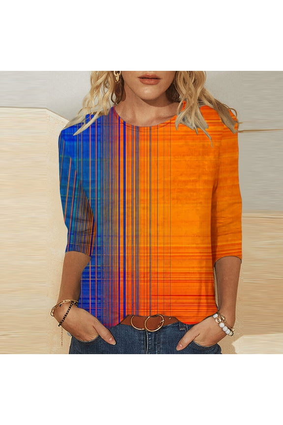 3/4 Length Sleeve Womens Tops Striped Loose Fit Tops Trendy Crewneck Tunic Blouses Orange XXL