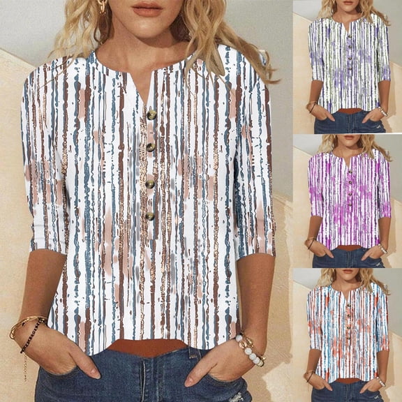 Qzwdhjm 3/4 Sleeve T Shirts for Women Casual Summer Tops Plus Size V Neck T Shirts Striped Basic Tunic Blouses Purple M