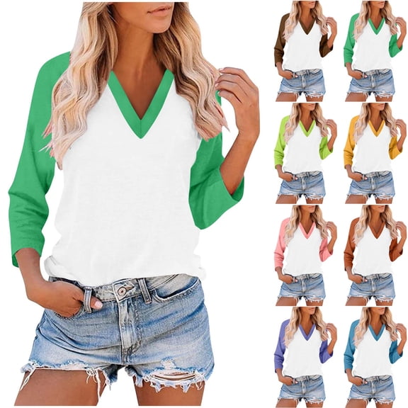 Qzwdhjm 3/4 Sleeve T Shirts for Women Color Block Basic Going Out Tops Summer Dressy Casual V Neck Tunic Blouses Yellow M
