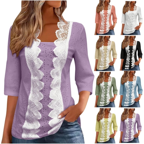 Qzwdhjm 3/4 Sleeve T Shirts for Women Color Block Dressy Casual Tops Lace Mesh Patchwork Tunic Blouses Yellow XXL