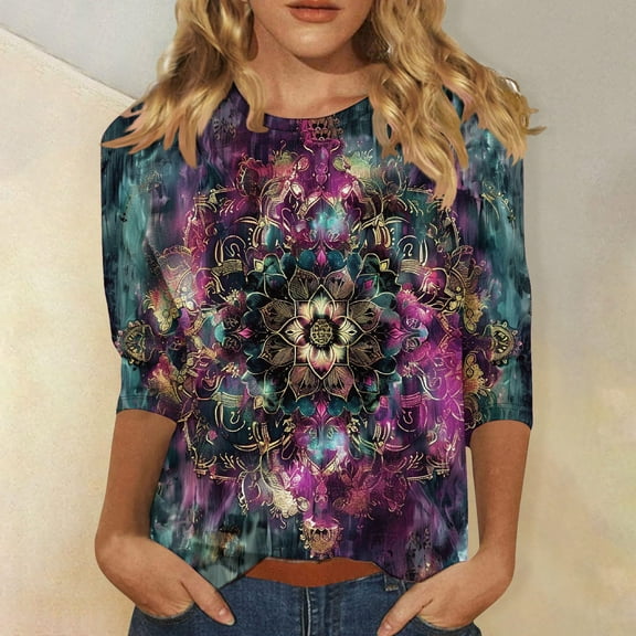 Qzwdhjm 3/4 Sleeve T Shirts for Women Cotton Crew Neck Plus Size Fall Tops Vintage Loose Fit Blouses S