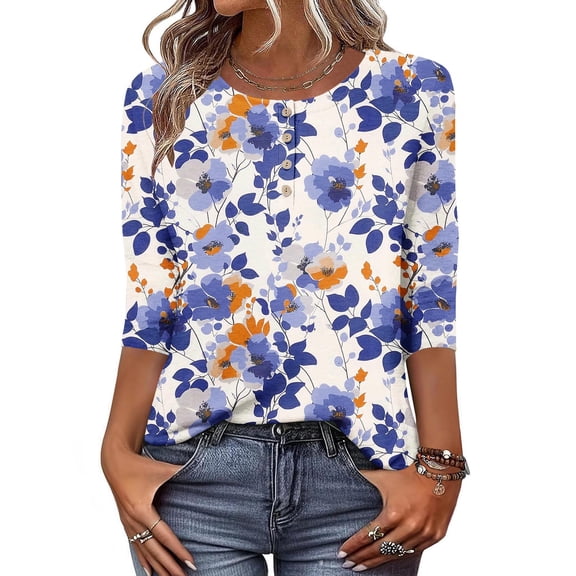 Qzwdhjm 3/4 Sleeve T Shirts for Women Summer Casual Floral Print Tunic Blouses Quarter Button Crewneck Lightweight Loose Fit Work Tops Blue S