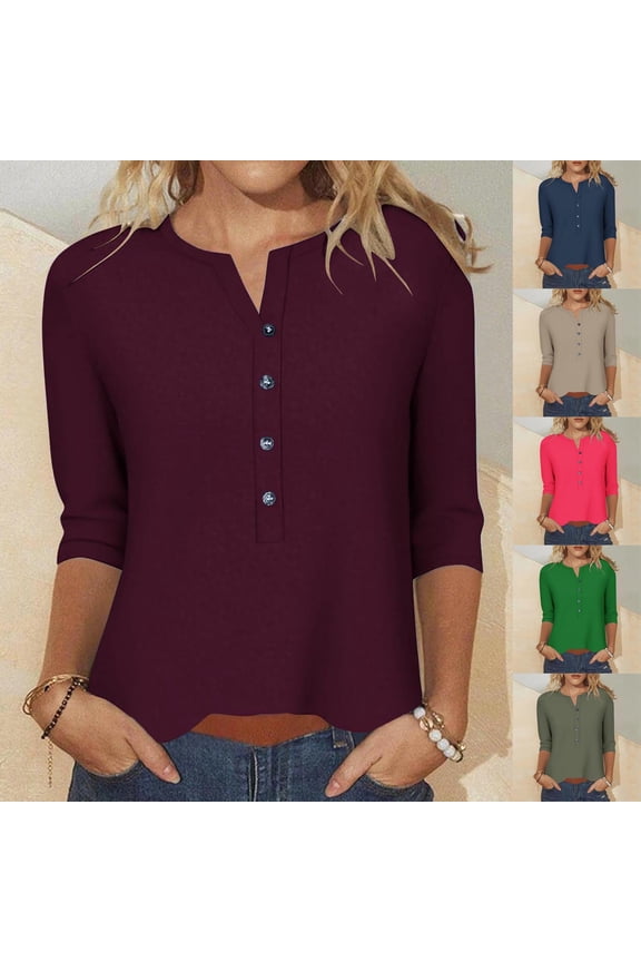 3/4 Sleeve Tops for Women Solid Color Button V Neck T Shirts Plus Size Casual Basic Henley T Shirts Hot Pink XXXXXL