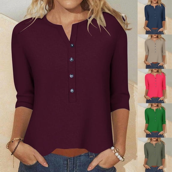 Qzwdhjm 3/4 Sleeve Tops for Women Solid Color Button V Neck T Shirts Plus Size Casual Basic Henley T Shirts Navy XXL