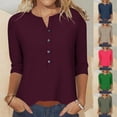 thumbnail image 1 of Qzwdhjm 3/4 Sleeve Tops for Women Solid Color Button V Neck T Shirts Plus Size Casual Basic Henley T Shirts Wine XL, 1 of 7