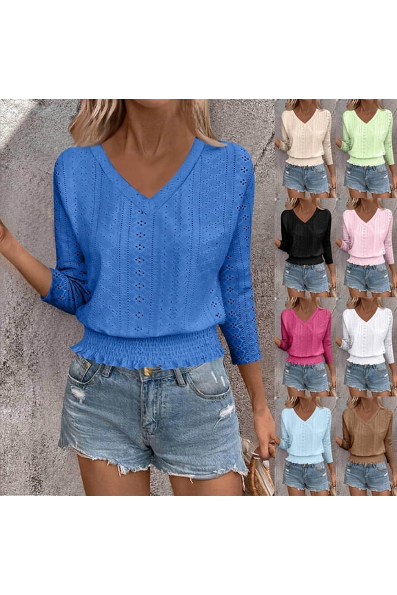 3/4 Sleeve Tops for Women Summer Mesh V Neck Blouses Dressy Casual Work T Shirts with Smocked Hem Pink S