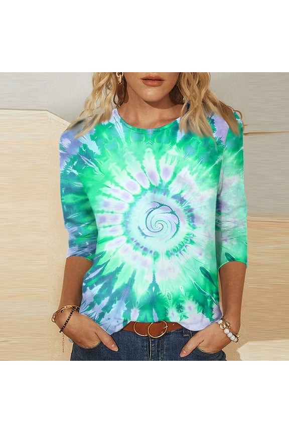 3/4 Sleeve Tops for Women Summer Tie Dye Graphic Tops Lightweight Fashion Tunic Blouses Green XL