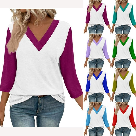 Qzwdhjm 3/4 Sleeve Tops for Women Summer V Neck Top Blouses Color Block Loose Fit Fashion Cotton T Shirts Sky Blue XXL