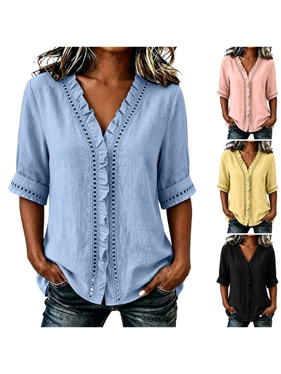 3/4 Sleeve Tops for Women V Neck Ruffle Hem Loose Casual Blouses with Hidden Button Cutout Button Down Shirts for Travel