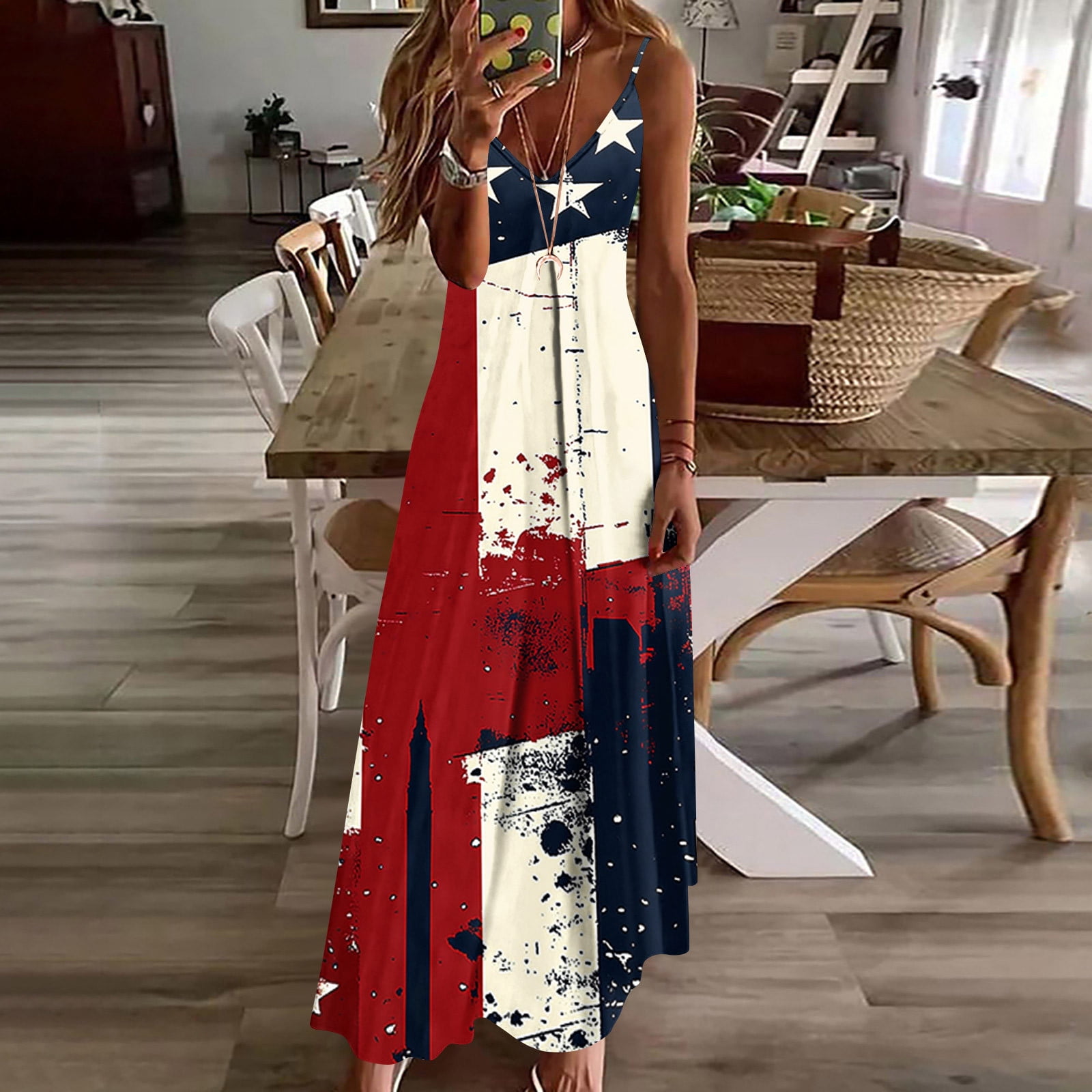 4th of july maxi dress Fireworks Relaxed-Fit Maxi Dress, 4th of July Patriotic V-Neck Sling Dress, Independence Day Cruise Dress, America's Birthday Party Dress