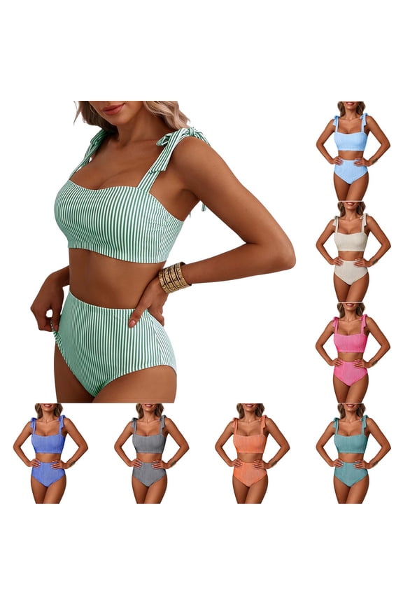 Bikini Swimsuits for Women High Waist Tummy Control 2 Piece Bathing Suits Striped Cheeky Strap Tie Swimwears Party Beachwear