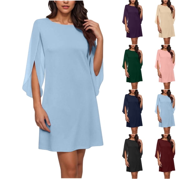 Qzwdhjm Chiffon Cocktail Dresses for Women 3/4 Petal Sleeve Mini Tunic Dress Solid Round Neck Formal Dresses Summer Wedding Guest Dress