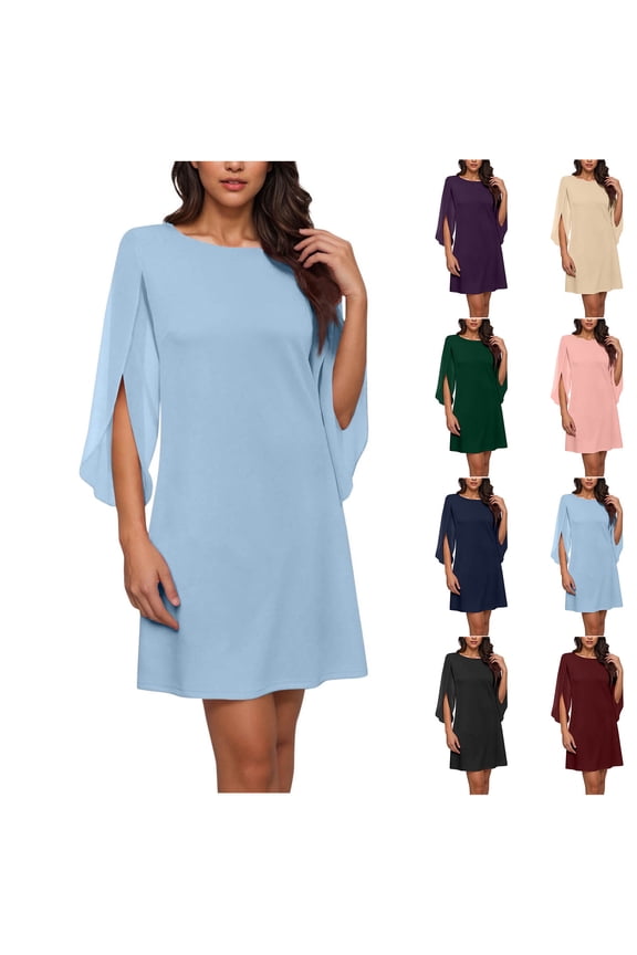 Chiffon Cocktail Dresses for Women 3/4 Petal Sleeve Mini Tunic Dress Solid Round Neck Formal Dresses Summer Wedding Guest Dress