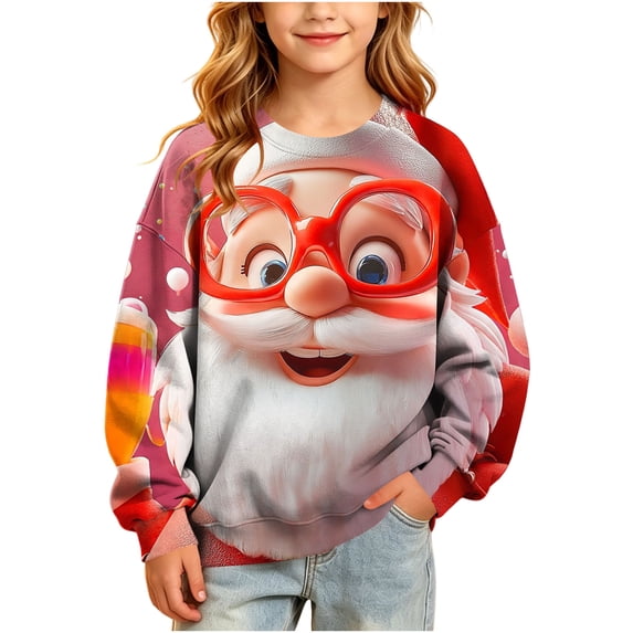 Qzwdhjm Christmas Sweatshirts for Girls Santa Graphic Crewneck Sweatshirt Thin Fleece Long Sleeve Pullover for Winter Xmas 5-15 Years