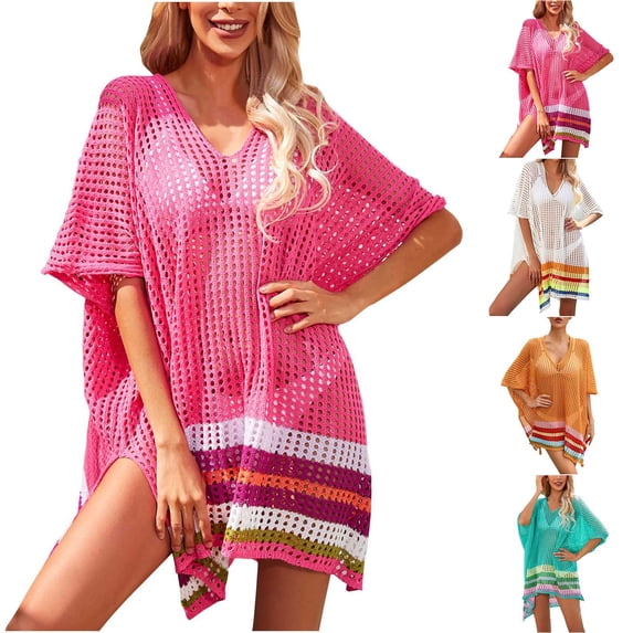 Qzwdhjm Crochet Beach Coverup for Women Hollow Out Color Block Mini Dress Half Sleeve V Neck Bathing Suit Cover Up Effortless Resort Wear Dresses