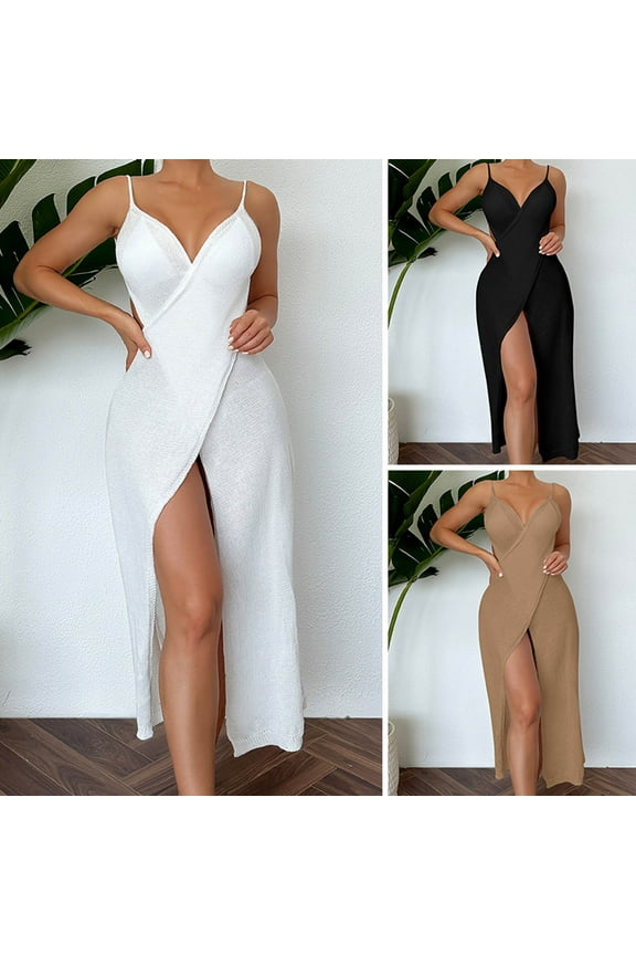 Crochet Cami Dresses for Women Spaghetti Straps Wrap Midi Dress Cover Ups Sleeveless V Neck Slit Swimsuits Coverups for Beach Party